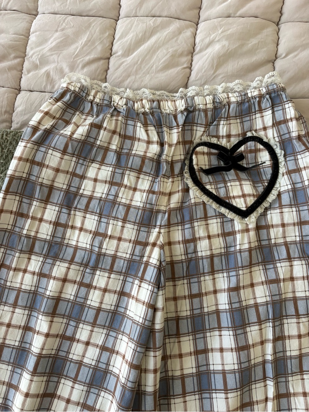 Urban Outfitters Cream, Blue & Brown Plaid Heart-Patch Pajama Bottoms